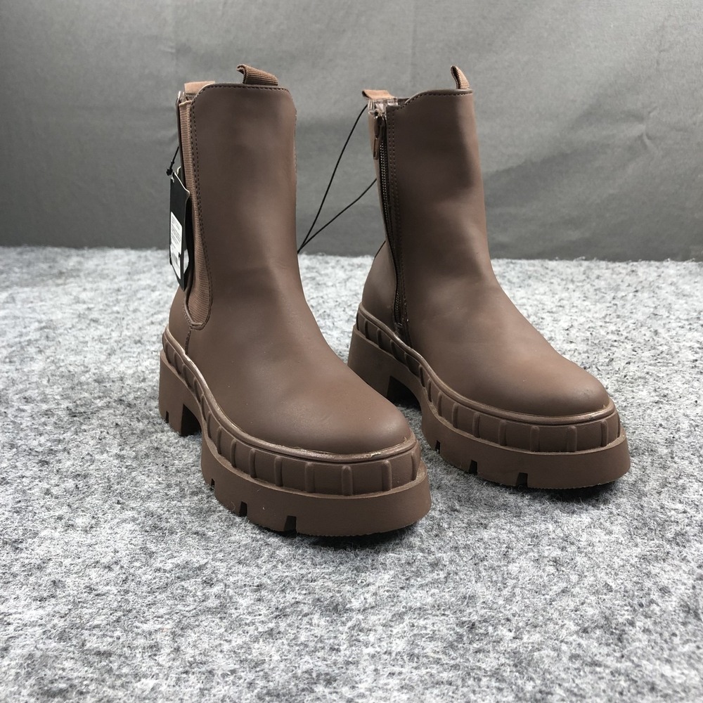 Forever 21 Chelsea Ankle Boots Womens 5.5 Brown Faux Leather Lug Sole Zip